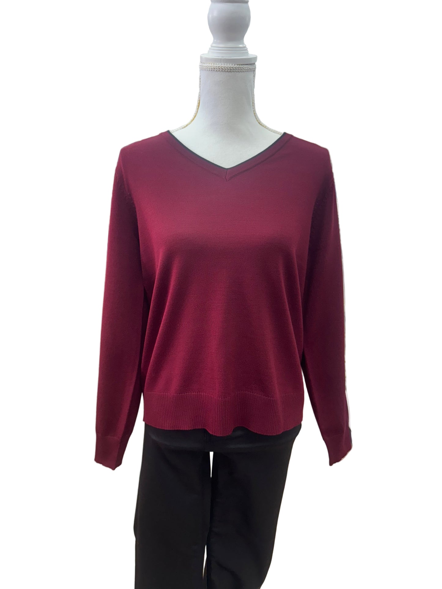 Maroon Sweater with Black V-Neckline Detail