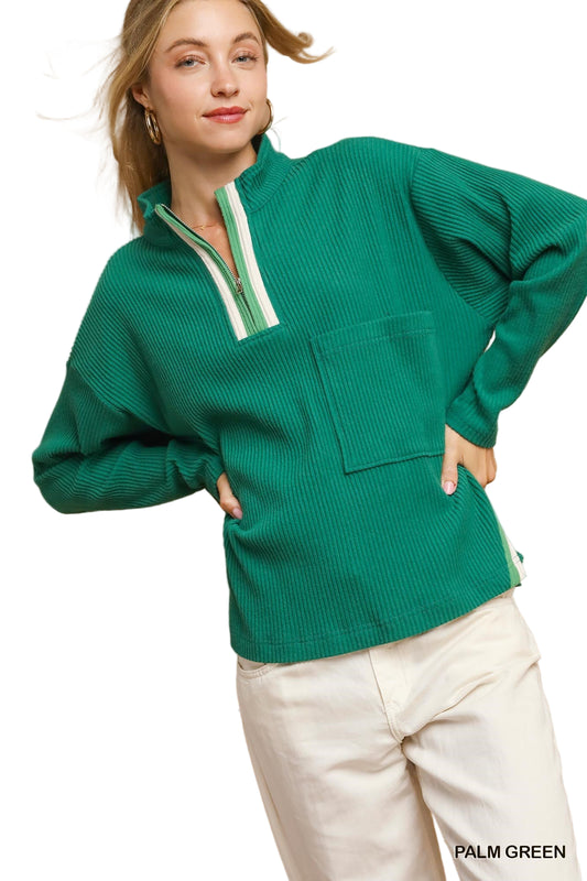 Ribbed Zip Pullover Top - Green