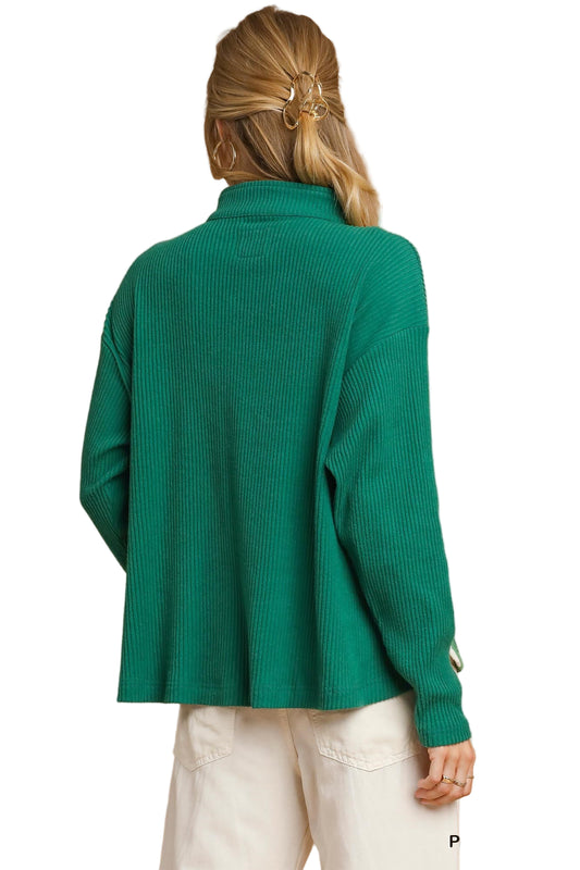 Ribbed Zip Pullover Top - Green