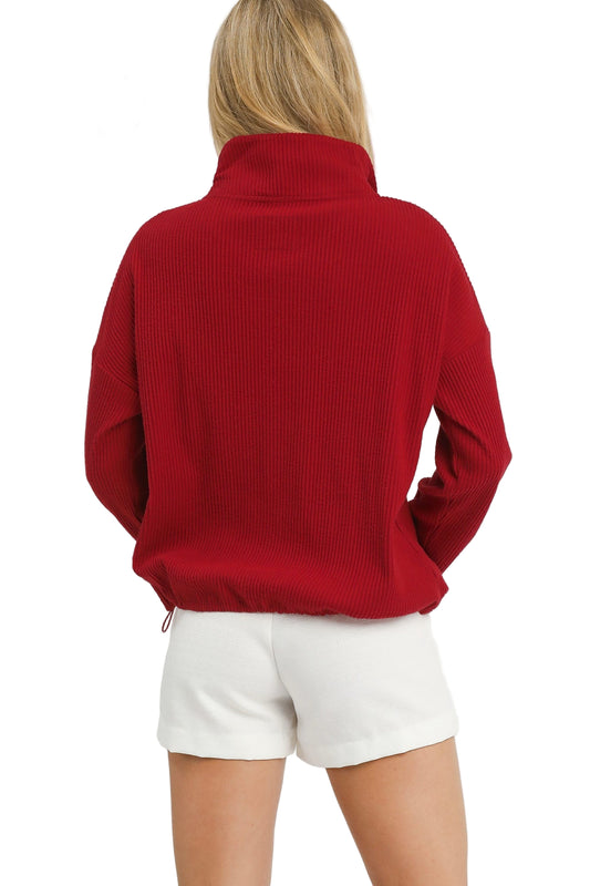 Ribbed Half-Zip Pullover - Crimson