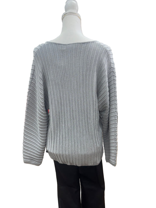 Sparkly Silver V-Neck Sweater with Rib Detail