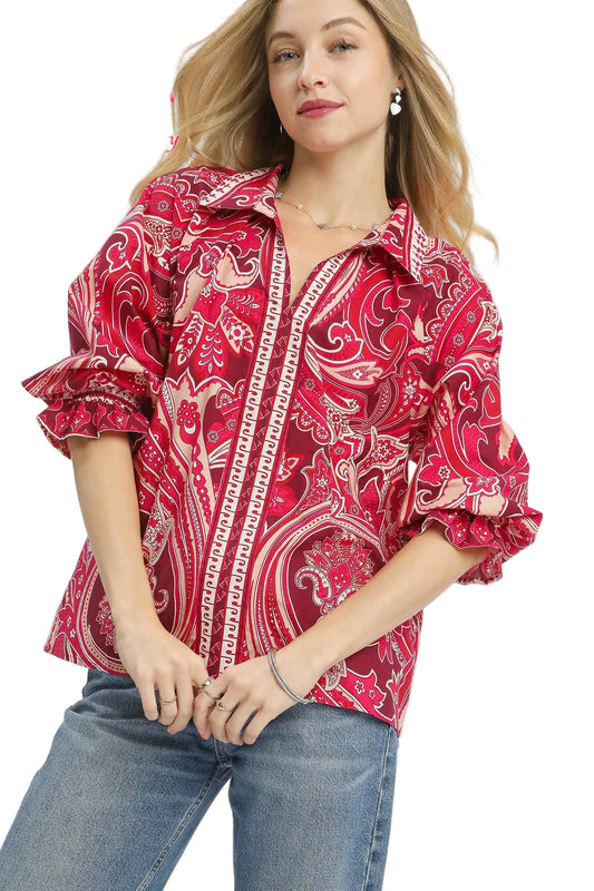 Paisley Print Button-Down Blouse