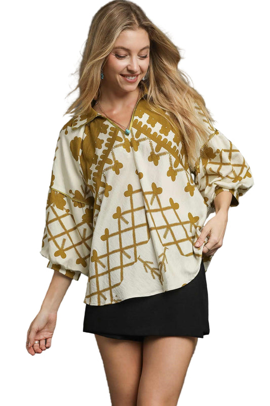 Boho Peasant Top with Balloon Sleeves - Mustard