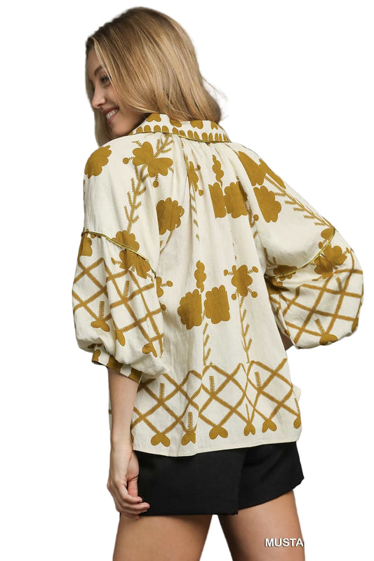 Boho Peasant Top with Balloon Sleeves - Mustard