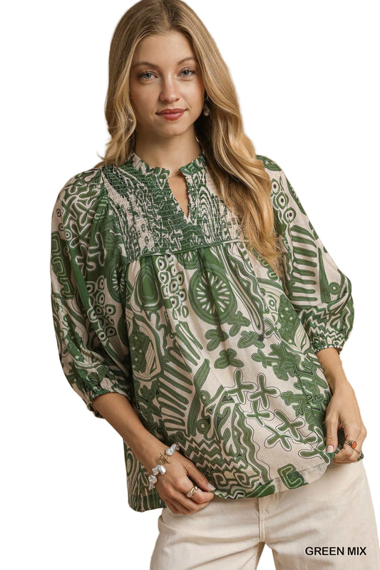 Mix Abstract Print Smocked Blouse