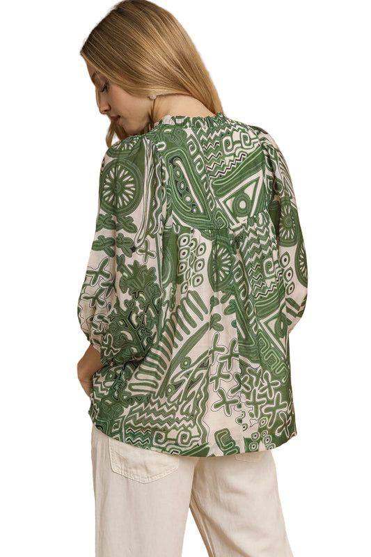 Mix Abstract Print Smocked Blouse