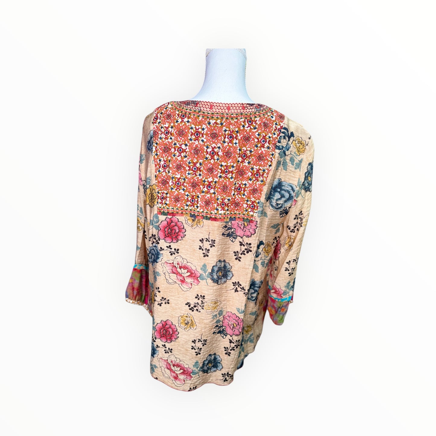 TAN FLORAL TIE NECK TOP