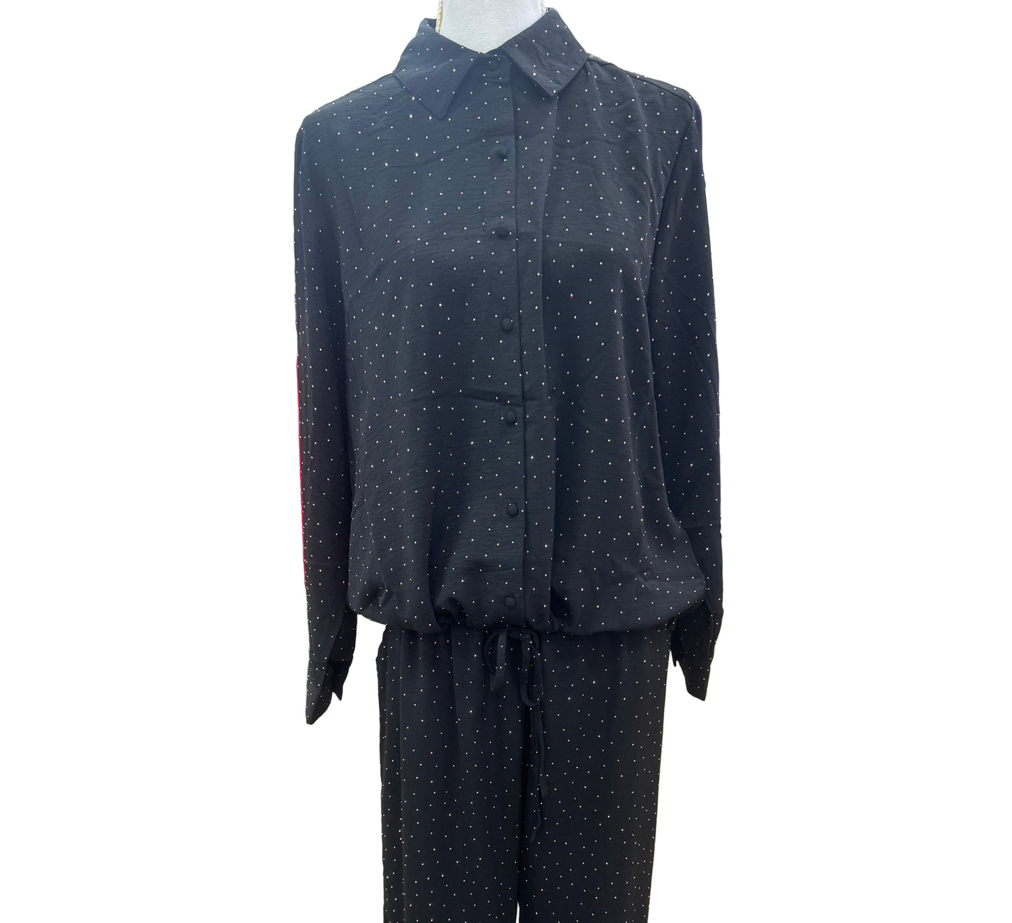 Black Rhinestone Blouse with Front Tie