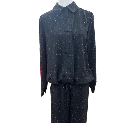 Black Rhinestone Blouse with Front Tie