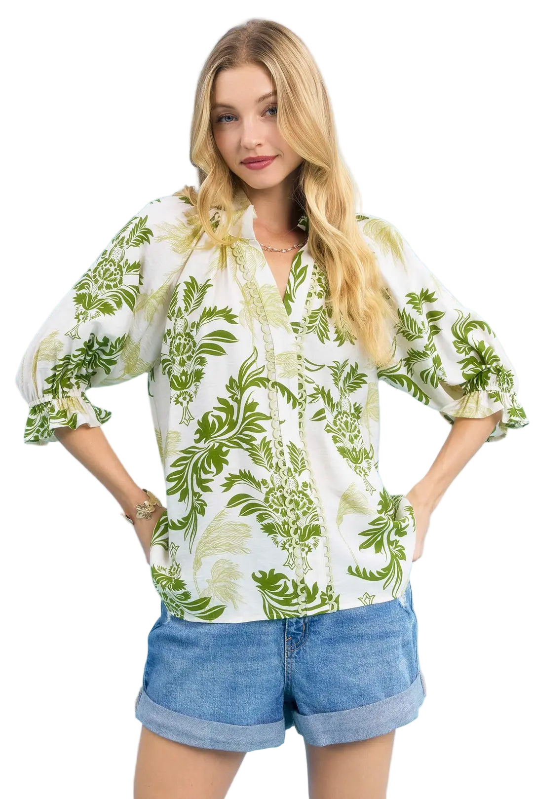 Leafy Damask Print Button-Down Top