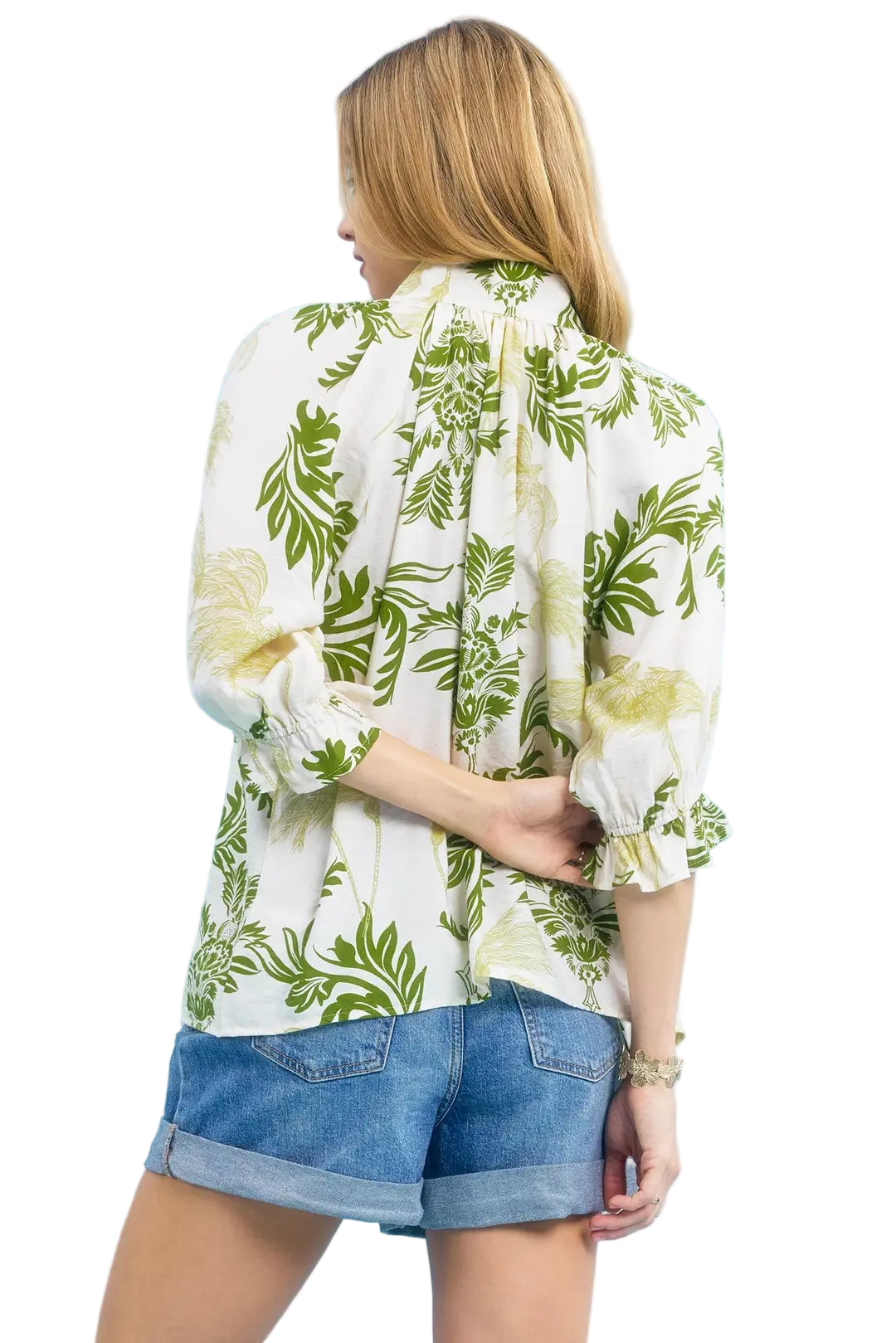 Leafy Damask Print Button-Down Top