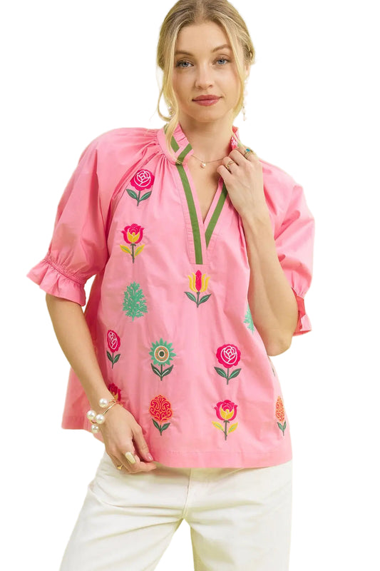 Embroidered Floral Top - Pink