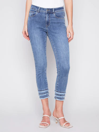 Frayed Hem Cropped Twill Pants - Medium Blue