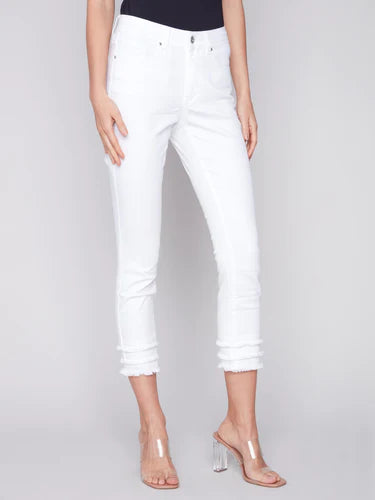 Frayed Hem Cropped Twill Pants - White