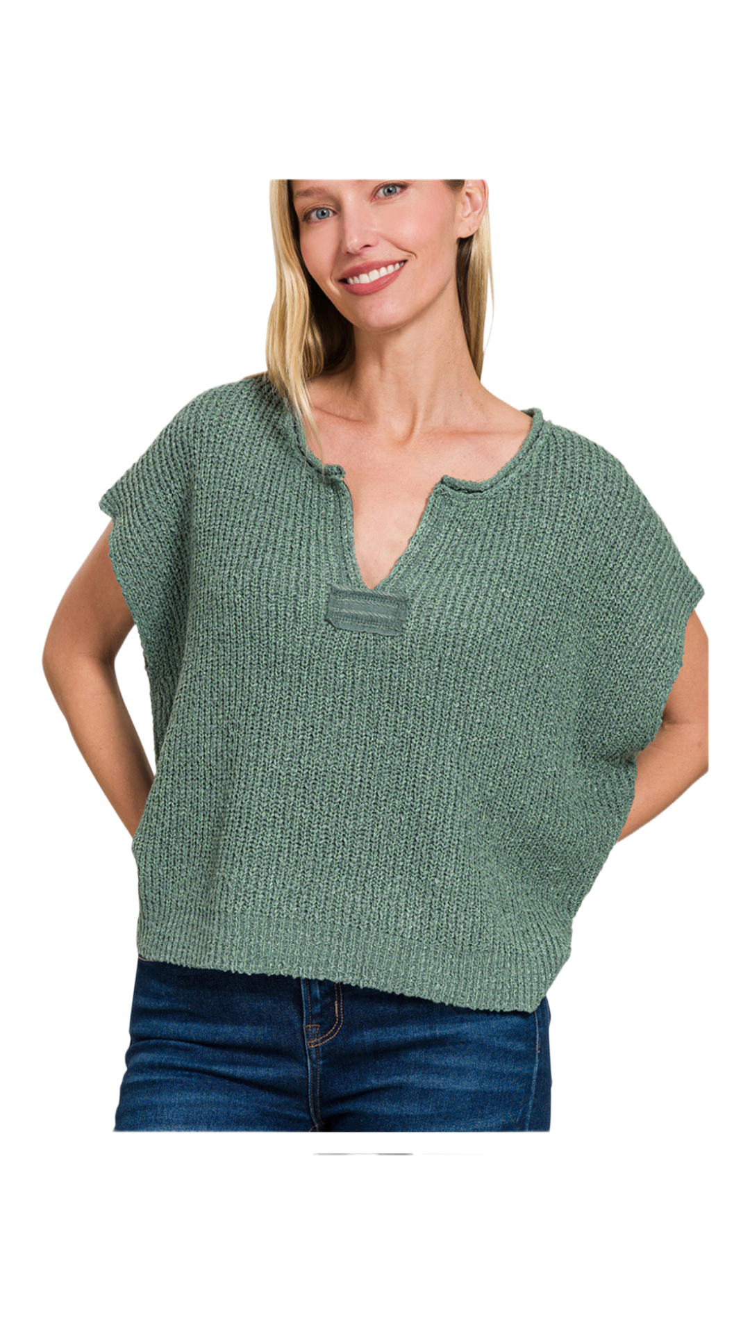 Back patch rolled split-neck side slit pullover