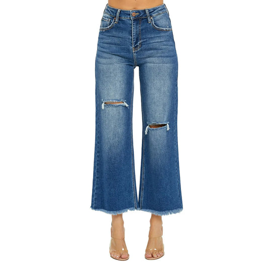 High Rise Frayed Ankle Wide Jeans - Dark