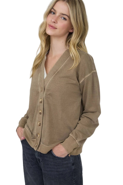 Washed Detail Button Down Long Sleeve Cardigan