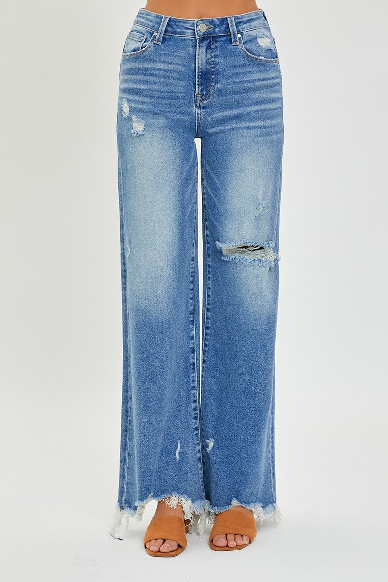 High Rise Frayed Hem Wide Leg Jeans - Medium