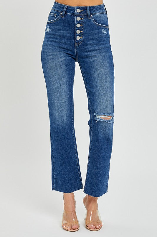 High Rise Button Down Ankle Straight Jeans - Dark