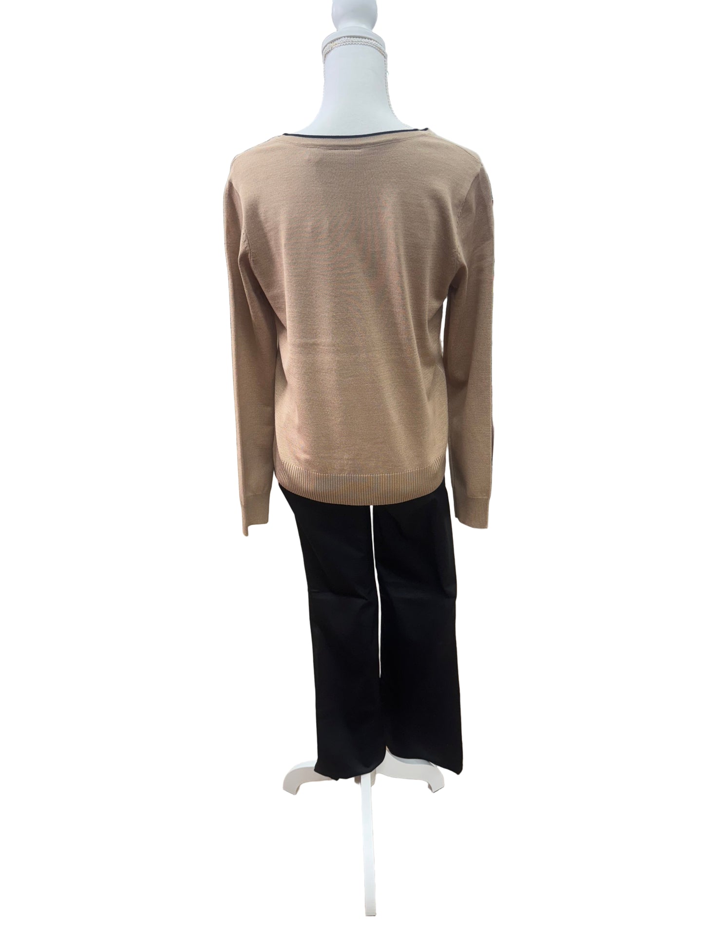 Tan Long Sleeve Top with Black V-Neckline