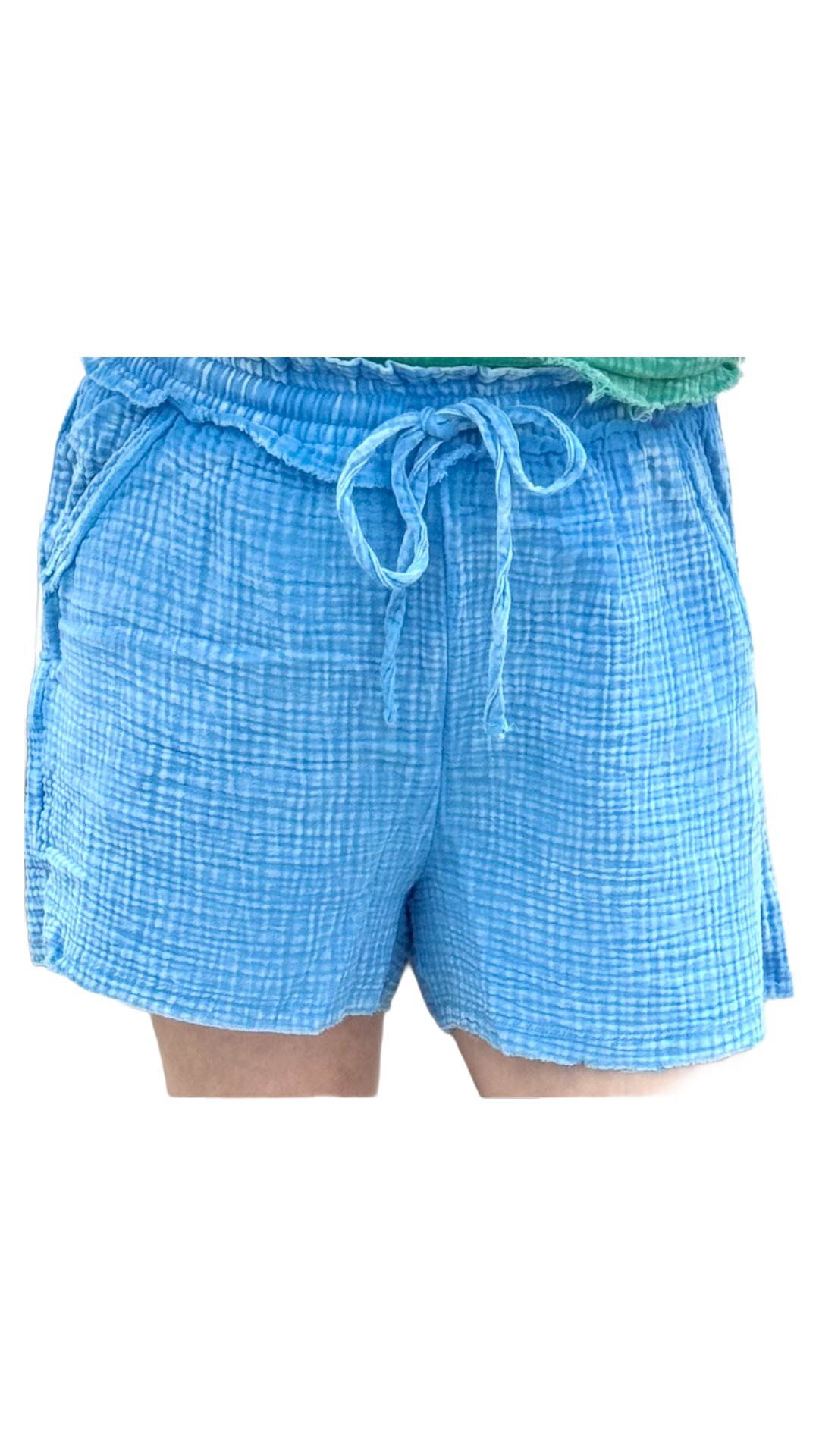 Washed double gauze frayed hem drawstring shorts
