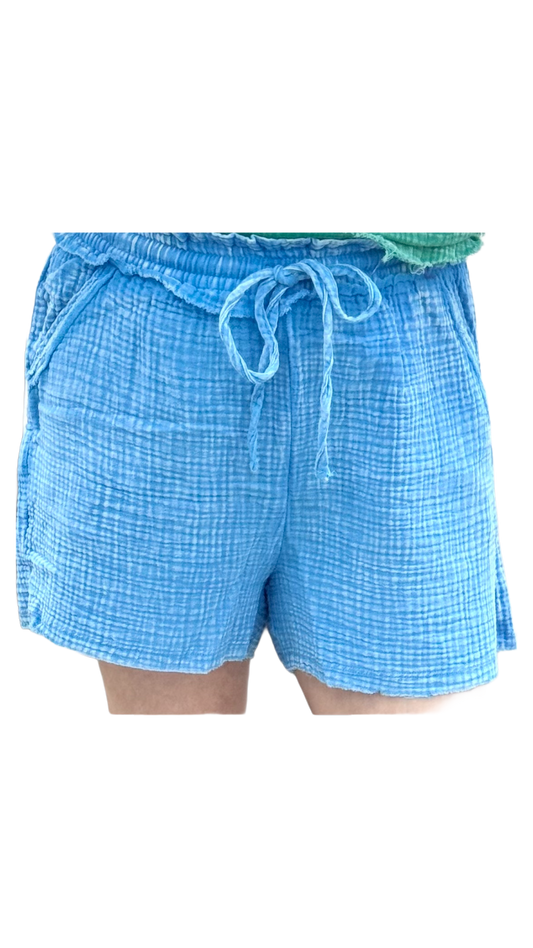 Washed double gauze frayed hem drawstring shorts