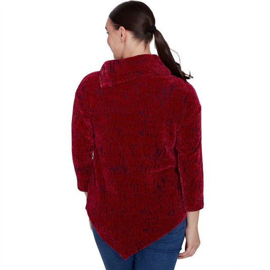 Women's Split Cowl Chenille Jacquard Knit Top - Beet/Blk