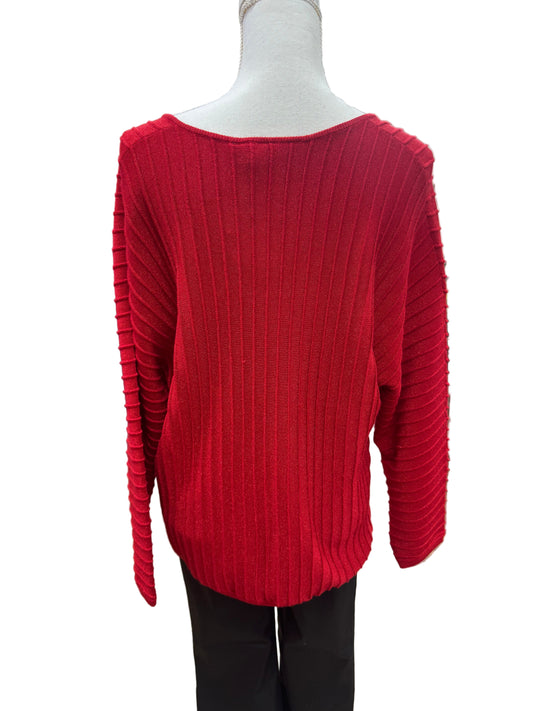 Sparkly Red V-Neck Sweater with Rib Detail