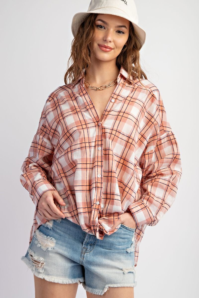 -LOOSE FIT PLAID BUTTON DOWN SHIRT