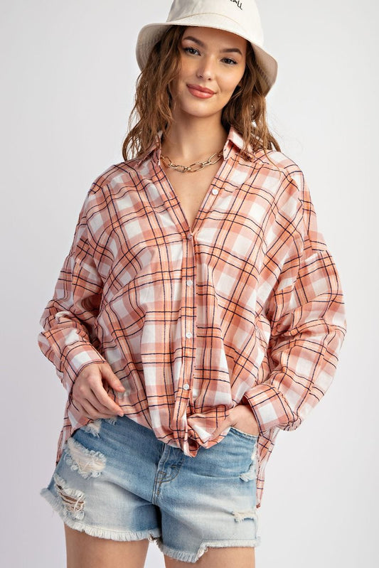 -LOOSE FIT PLAID BUTTON DOWN SHIRT