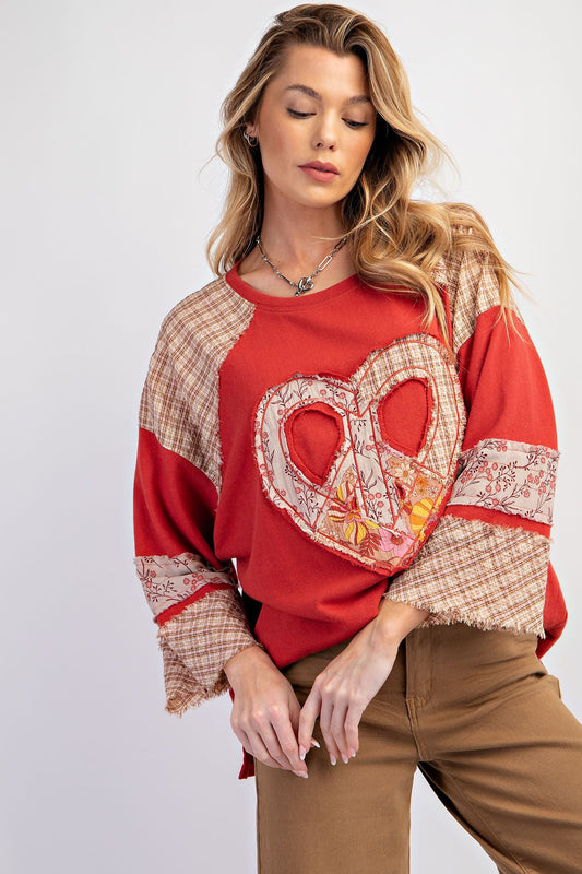 -MIX AND MATCH HEART PATCH COTTON TERRY KNIT PULLOVER