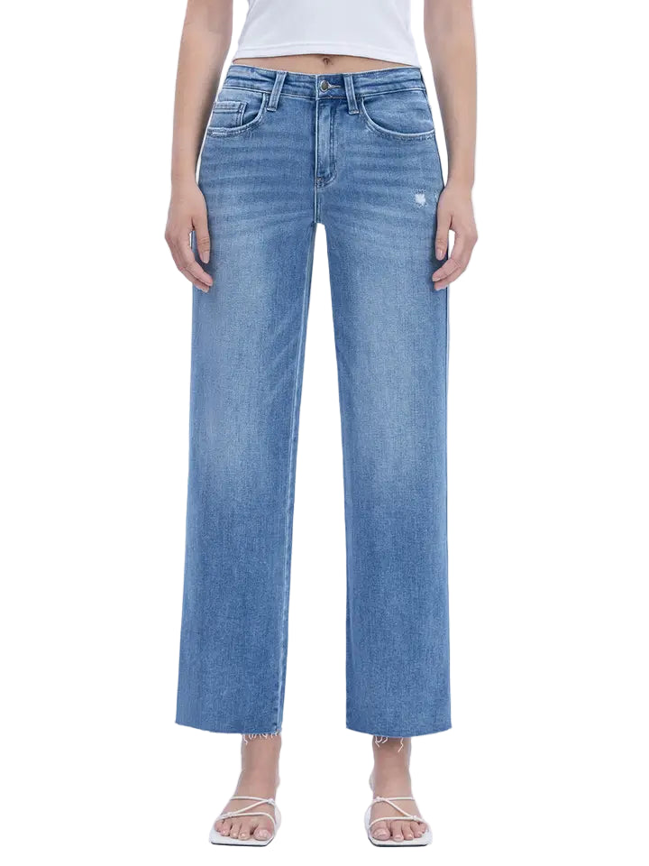 High Rise Raw Hem Slim Wide Jeans