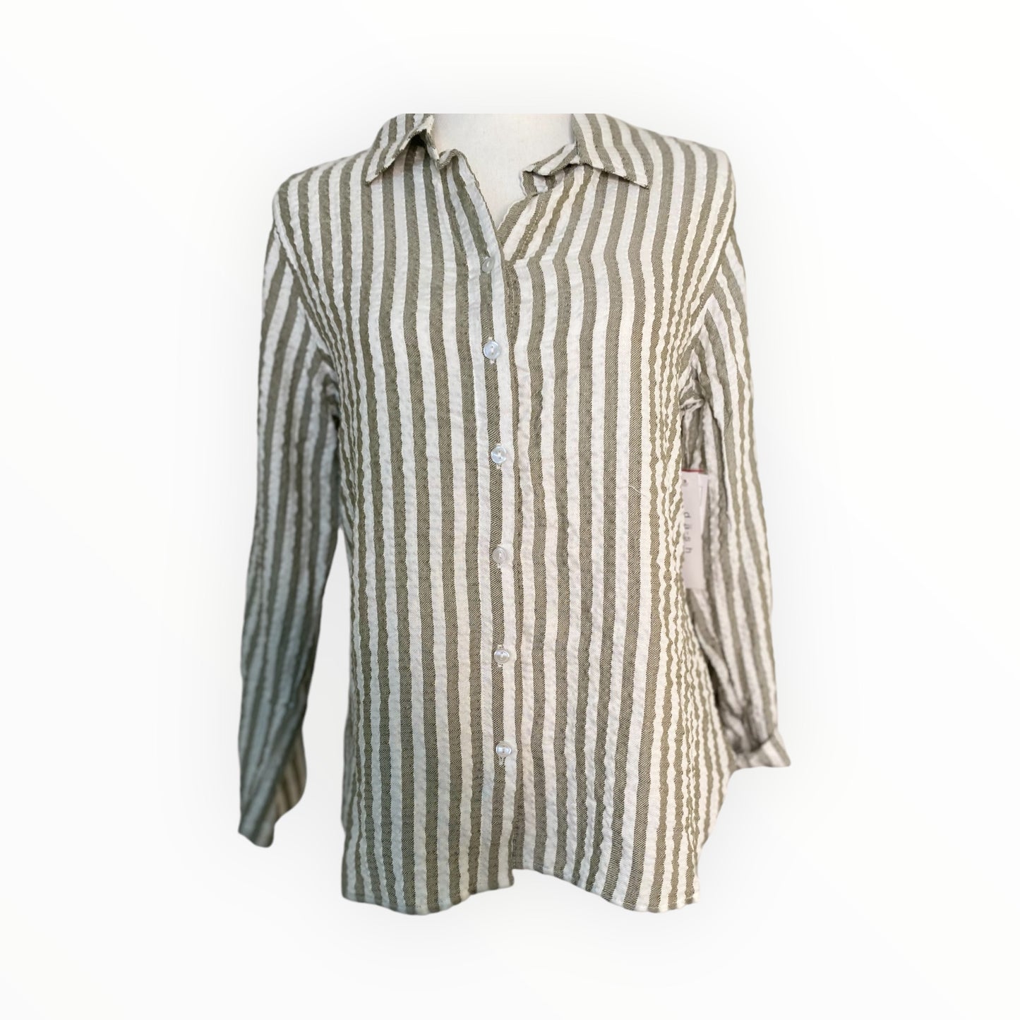 BTN Front Roll Tab Blouse Green Striped