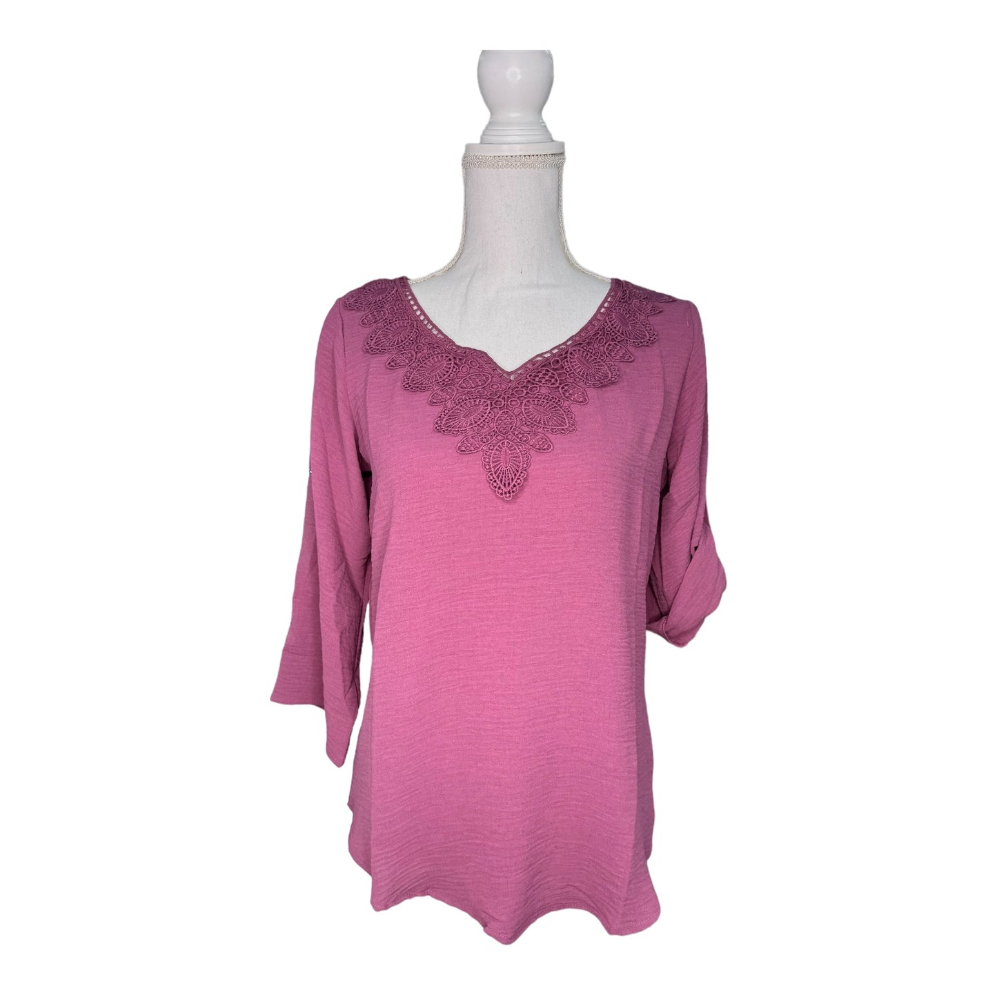 Plum 3/4-Sleeve Blouse with Knit Detail Neckline