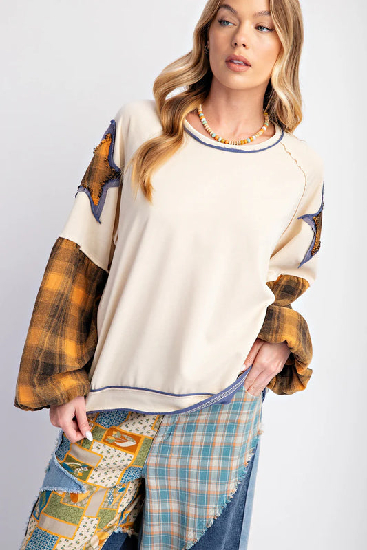 -PLAID MIX STAR PATCH PULLOVER