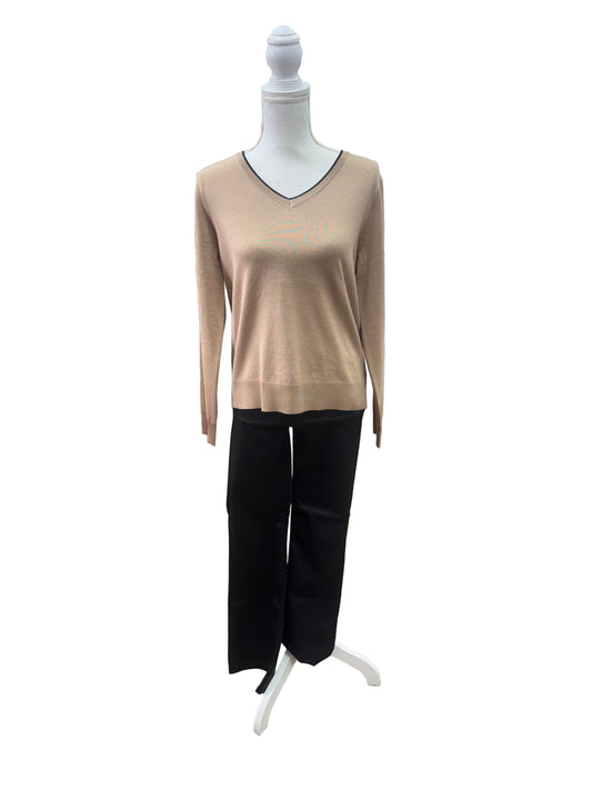 Tan Long Sleeve Top with Black V-Neckline