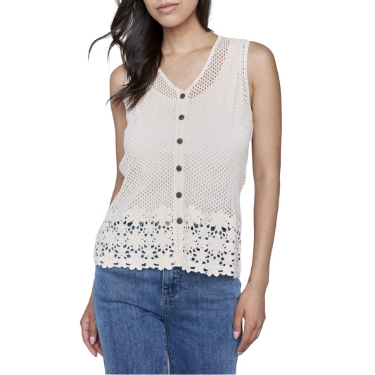 Charlie B Button Front Floral Border Crochet V-Neck Sweater Vest
