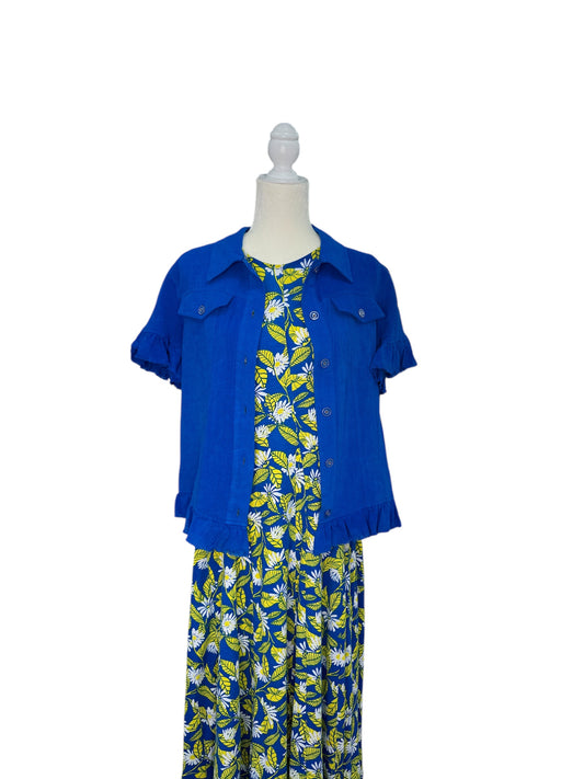 Royal Blue Button-Up Cardigan with Ruffle Details