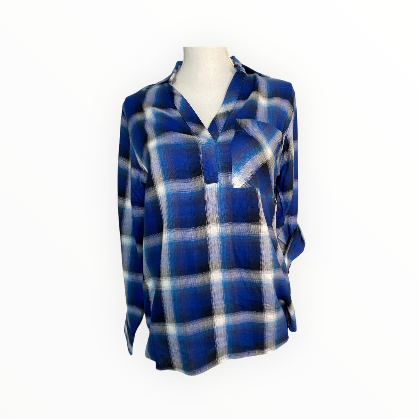 Plaid Rayon Pull Over Roll Sleeve Blue