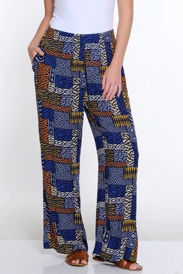 Plus Elastic Waist Wide Leg Pant- Patch Multi