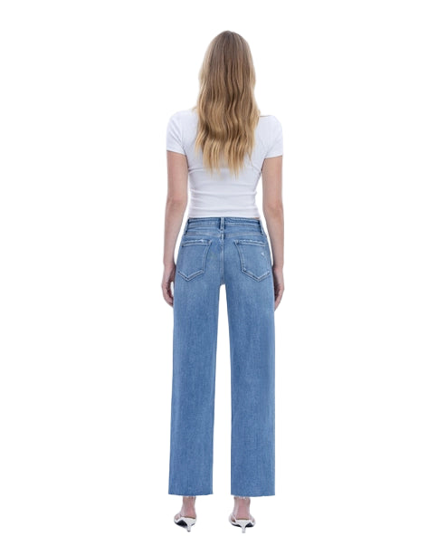 High Rise Raw Hem Slim Wide Jeans