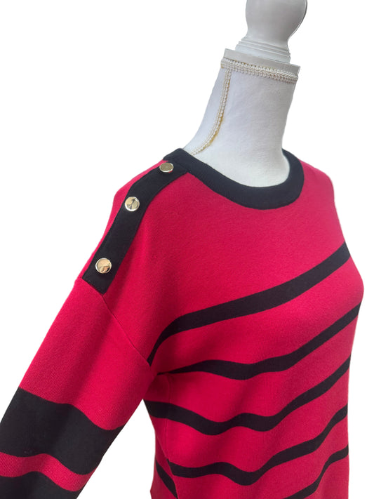 Red and Black Striped Top with Gold Button Sleeve Detail