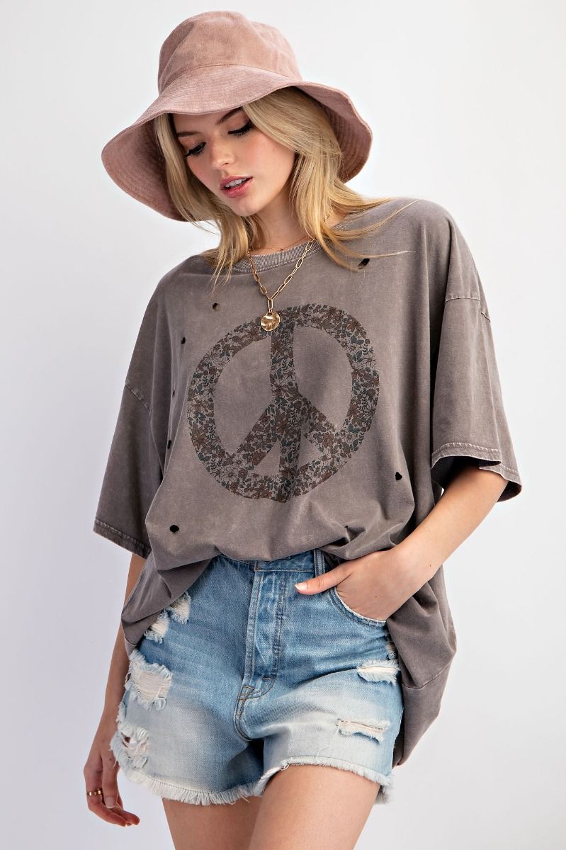 -PEACE SIGN PRINTED WASHED TEE