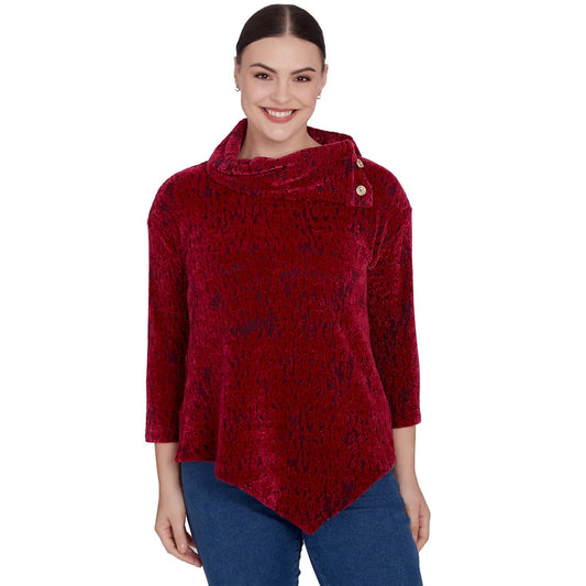 Women's Split Cowl Chenille Jacquard Knit Top - Beet/Blk