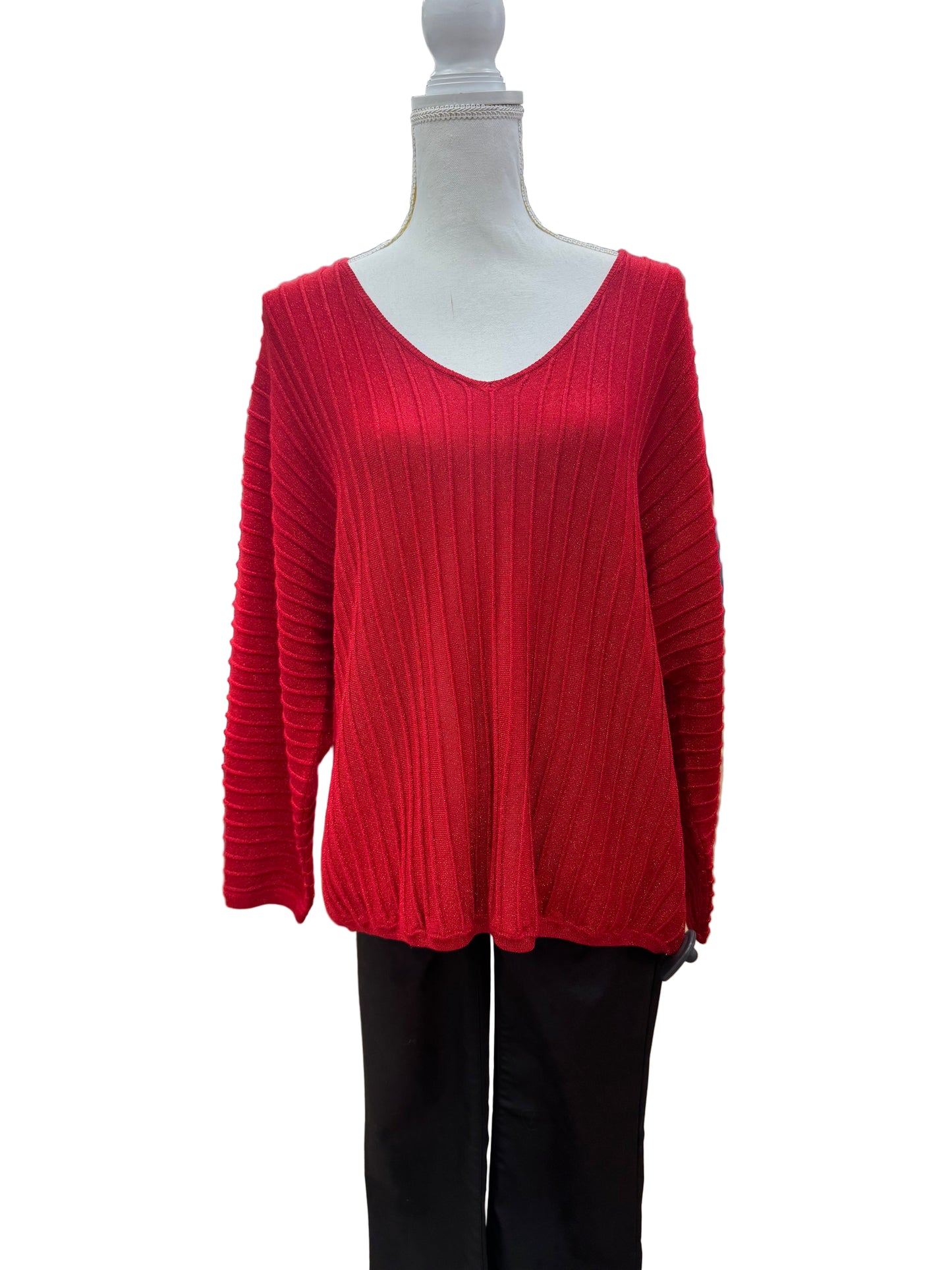 Sparkly Red V-Neck Sweater with Rib Detail