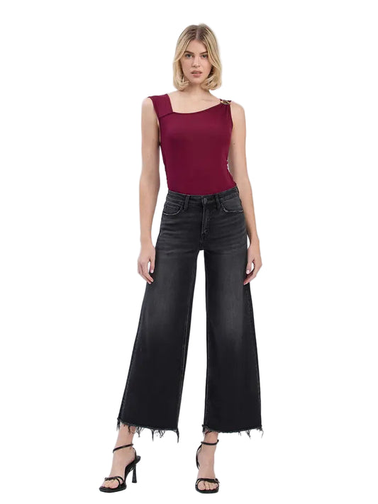High Rise Frayed Hem Ankle Wide Jeans