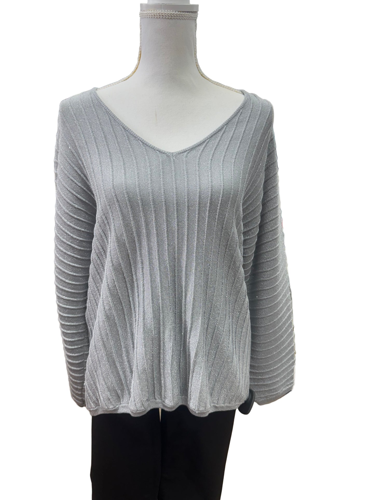 Sparkly Silver V-Neck Sweater with Rib Detail