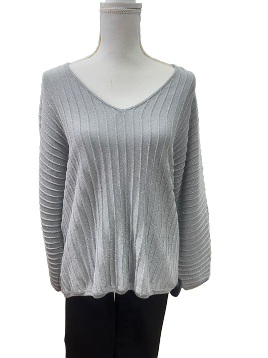 Sparkly Silver V-Neck Sweater with Rib Detail