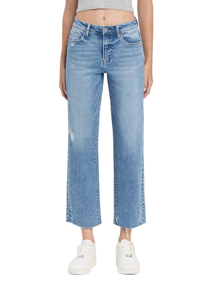 High Rise Medium Light Wash Ankle Straight Jeans