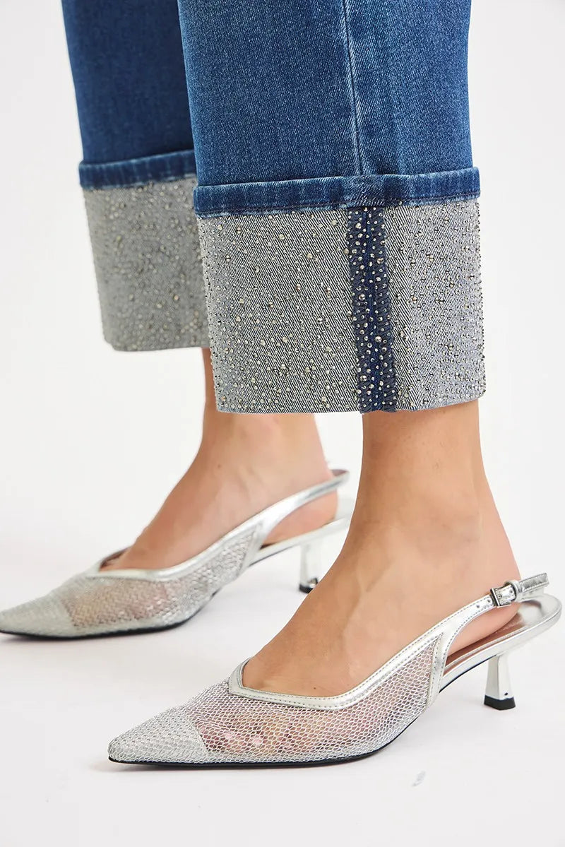High Rise Ankle Cuff Rhinestone Jean